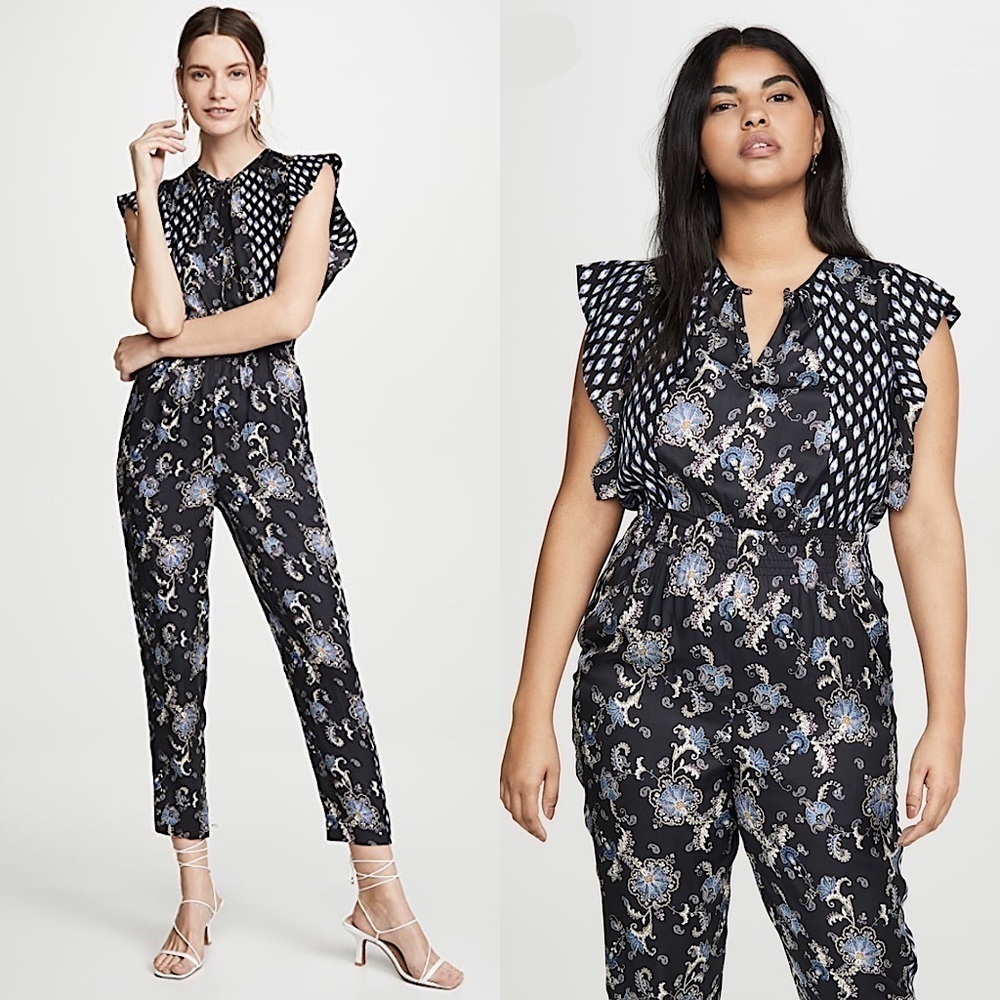 REBECCA TAYLOR Jumpsuit Boho Floral Paisley Silk Smocked Waist Short Sleeves 14